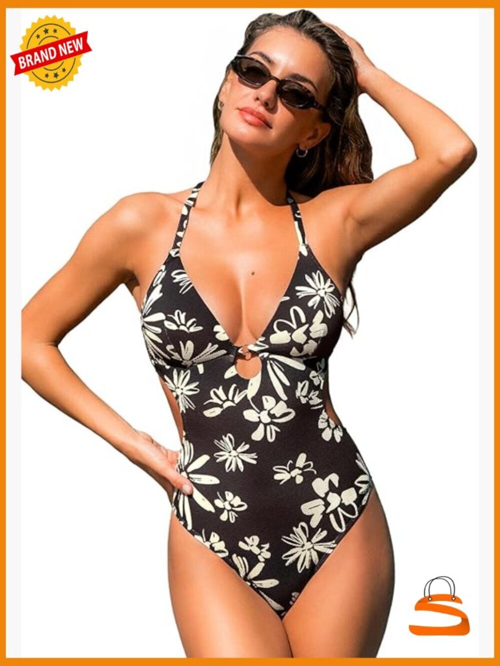 One Piece Swimsuit V Neck Halter Monokini O Ring Cut Out Textured